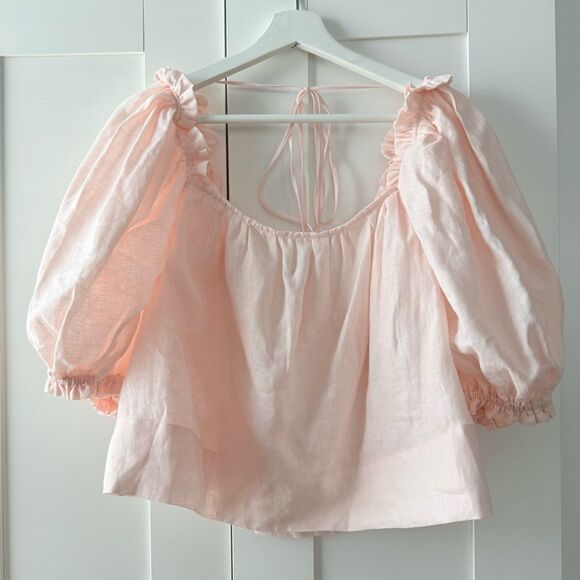 harshman Tops - HARSHMAN Pink Puff Sleeve Linen Top | Size Small